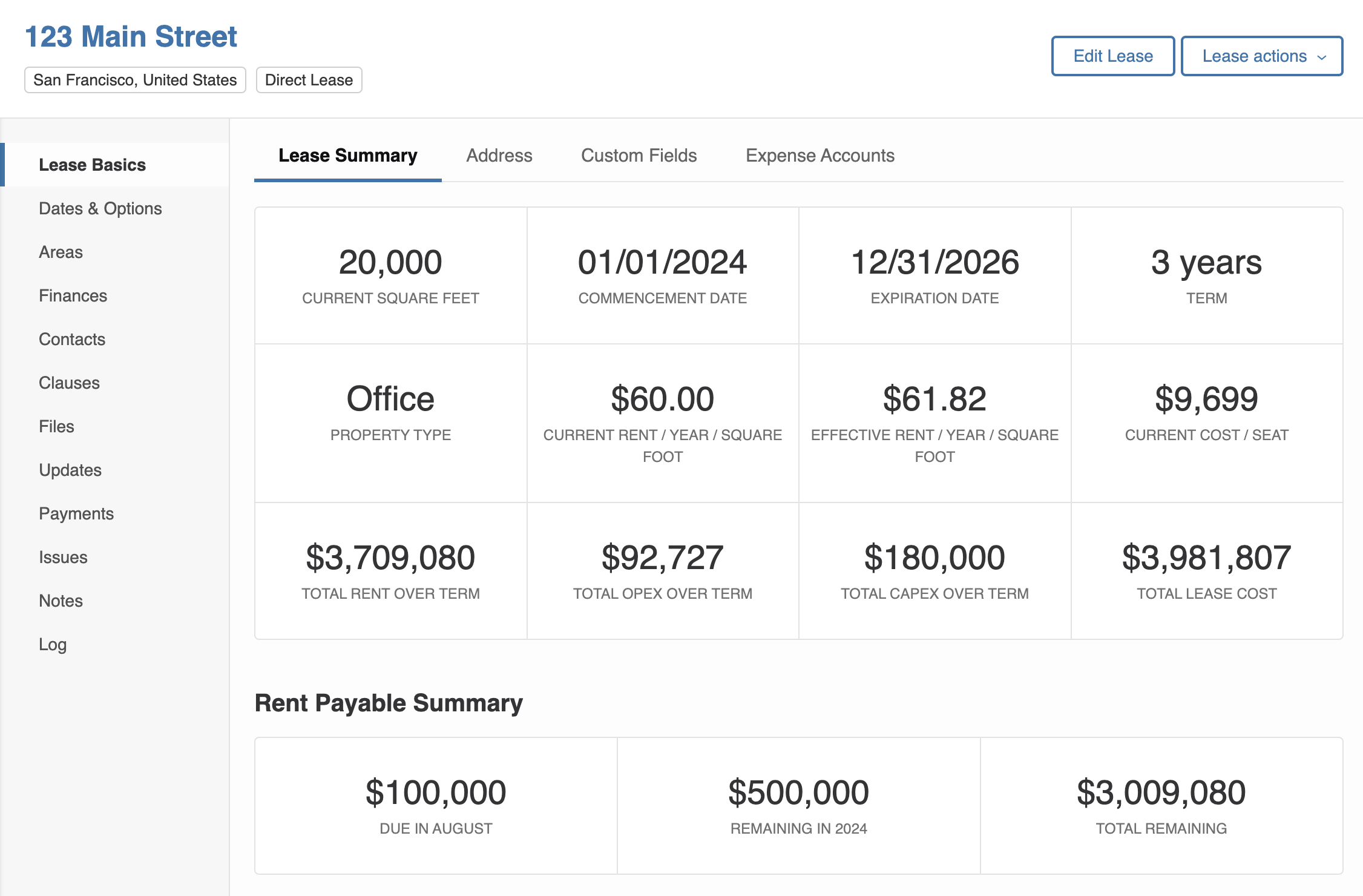 dashboard with summary of leases, summary of square footage and total OPEX